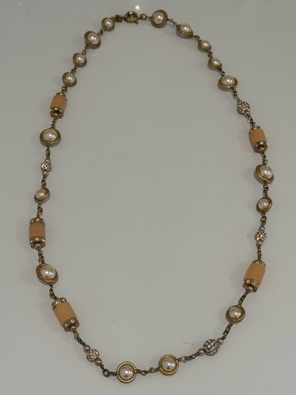 J. Crew Peach Bead and Pearl Station Necklace with Gold-Tone Accents